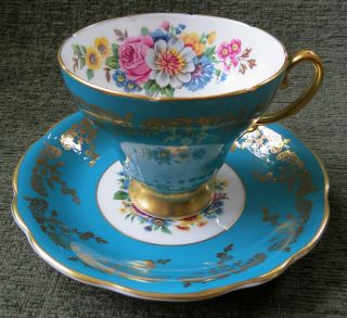 Vtg.  Eb Foley Bone China Teal W/ Roses Cup And Saucer Gold Gilt England