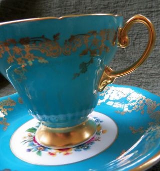 Vtg.  EB Foley Bone China Teal w/ Roses cup and saucer Gold Gilt England 2