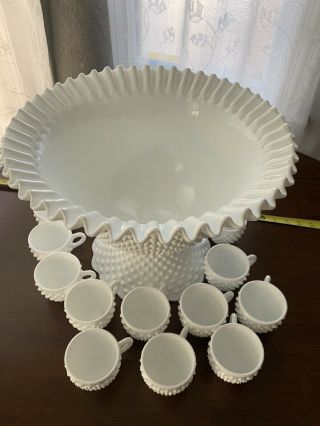Rare Vintage Fenton Hobnail Milk Glass 2 - Piece Punch Bowl With 12 Cups Pristine