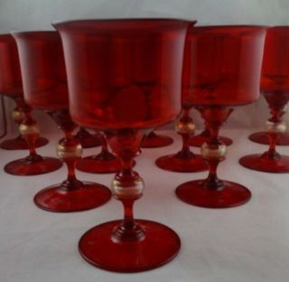 Set Of 12 Mid - Century Ruby Red Venetian Glass Wine Goblets Or Glasses