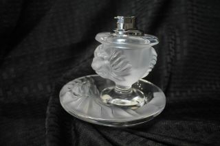 Lalique Frosted Crystal Glass Tete De Lion Head Ashtray & Table Lighter Set