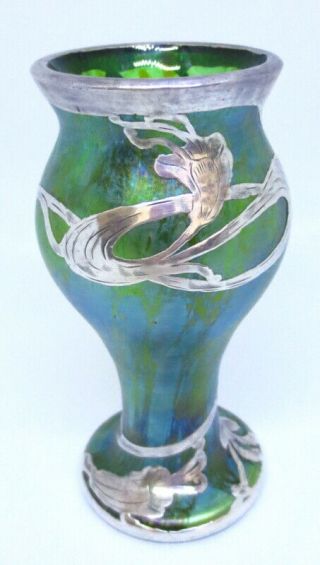 Antique Art Nouveau Loetz Green Aurene Glass Vase W/ Silver Overlay 5 1/4 " H