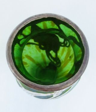 ANTIQUE ART NOUVEAU LOETZ GREEN AURENE GLASS VASE W/ SILVER OVERLAY 5 1/4 