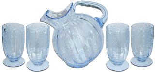 Cambridge Apple Blossom Willow Blue Scarce Ball Pitcher And 4 Tumblers