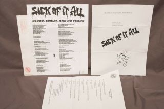 Orig Sick Of It All Blood Sweat No Tears Mailorder Lyric Sheet Nyhc In Effect