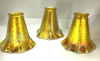 Antique Elegant Steuben Aurene Iridescent Rare Three Twist Design Lamp Shades