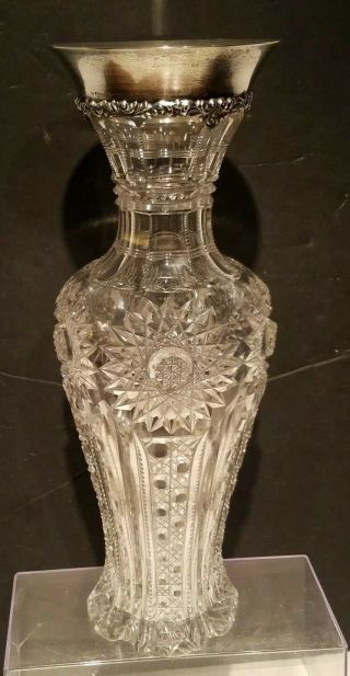 Antique Victorian Brilliant Cut Glass Vase & Sterling Silver Floral Rim.  Nr