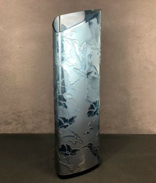 Tall Fenton Cameo Glass Vase Carved Kelsey Murphy Blue Hummingbirds “hummer” 16”