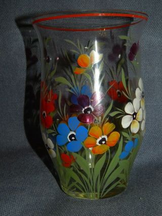 Vintage Art Deco Hand - Painted Glass Vase Coloured Flowers 1930 