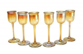 6 Lct Louis Comfort Tiffany Favrile Iridescent Intaglio Cut Cordial Wine Goblets
