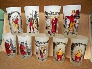 9 Vintage Charles Dickens Frosted Glasses/scrooge,  Tiny Tim,  Fagin,  Oliver Twist.