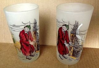 9 VINTAGE CHARLES DICKENS FROSTED GLASSES/Scrooge,  Tiny Tim,  Fagin,  Oliver Twist. 3