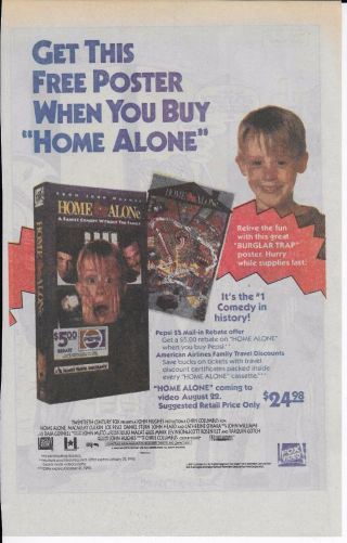 Vintage 1991 Home Alone Print Ad For Movie Vhs Tape Promo Poster Pepsi Fox Video