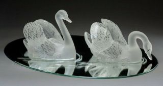 Lalique Large Crystal Cygnes Swans With Mirror Signed