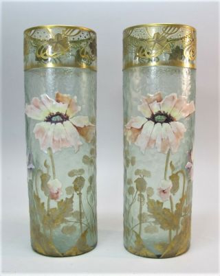 Mont Joye Legras 12 " French Art Glass Vases C.  1900 Antique