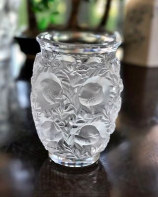 Lalique France Bagatelle Birds Vase Clear & Frosted Crystal Glass H: 6.  69 " / 17cm