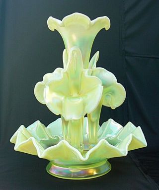 Fenton 4 Horn 13 " Epergne Iridescent Topaz Opalescent Vaseline Glass