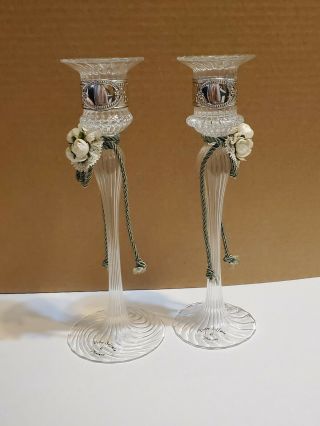 Antique Murano Hand Blown Glass Candle Stick Holders W/silver Set Of 2 Wedding