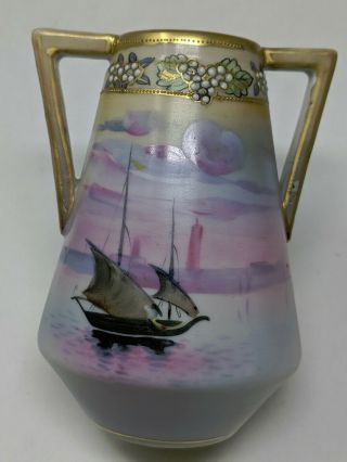 Antique Maple Leaf Nippon Scenic Vase,  Sail Boat On Pink Blue Sunset Sea Moriage