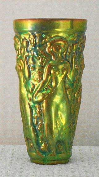 Vtg Rare Hungarian Zsolnay Iridescent Eosin Glazed Green Relief Sensual Vase