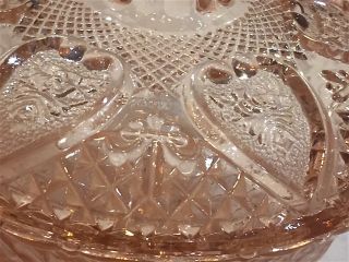 ANTIQUE PINK /PEACH DEPRESSION GLASS CANDY /TRINKET DISH W/ LID ROSE IN HEARTS 2