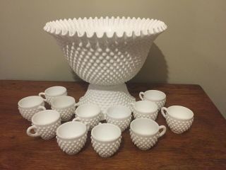 Vintage Fenton Hobnail White Punch Bowl Set With Base And 12 Cups Pre 1972