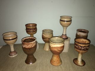 Set Of 8 Handmade Studio Art Pottery Wine Mead Wassail Cider Goblets Cups