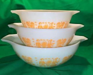 Vintage Pyrex Orange Butterprint Amish Cinderella Mixing Bowl Set/3 442 443 444