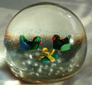 Fabulous Vintage Paul Ysart Two Ducks Pond Flower Glass Paperweight Signed Box