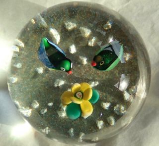 Fabulous Vintage PAUL YSART Two Ducks Pond Flower Glass Paperweight Signed Box 2