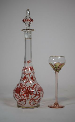 Theresienthal Decanter And Cordial,  Enameled Glass,  Circa 1930