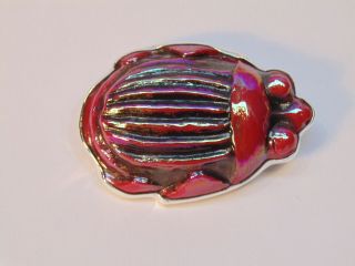 Tiffany Favrile Art Glass Large Antique Red Scarab Sterling Silver Pendant / Pin