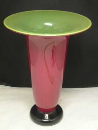 Donald Carlson Large Stunning Art Glass Vase Red Glass Green Signature Red