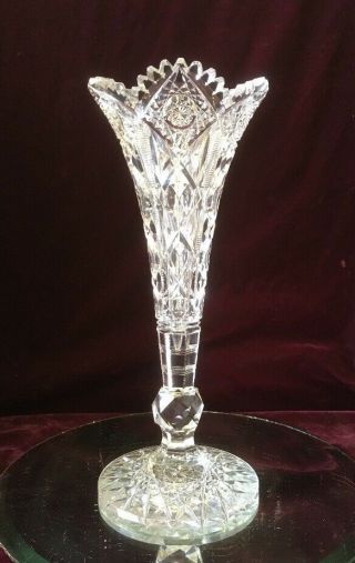 Rare Signed Hawkes Abp Cut Glass Crystal Trumpet Vase 14” Tall