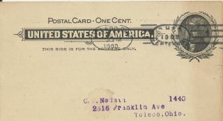 Toledo Ohio Centennial 1900 Cancel On Postal Card Travelings Mens Association