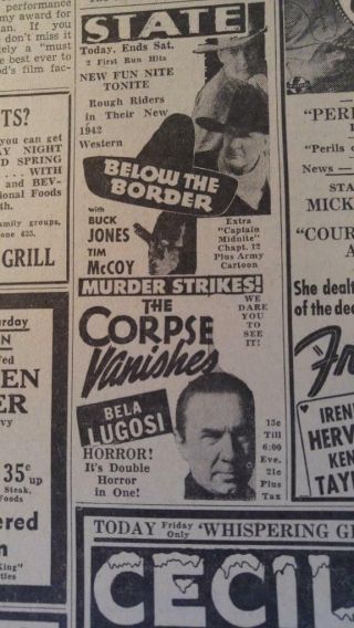 July 10,  1942 Newspaper Page J5220 - Bela Lugosi In " The Corpse Vanishes "