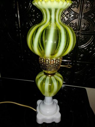 Very Rare Fenton Rib Optic Topaz Vaseline Lamp 3