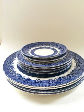 Set of 10 Vintage Royal Wessex BLUE WILLOW Bread Dinner Plates Swirl Rim England 2
