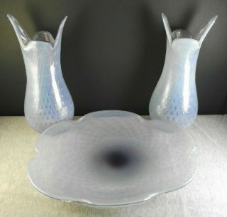 3pc Fratelli Toso Murano Art Glass 2 Vases 1 Plate Lavender Opalescent Bubbles