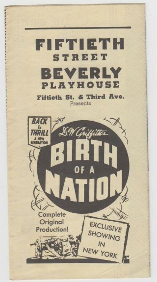 1930s D.  W.  Griffith Birth Of A Nation Flyer Fiftieth Street Beverly Playhouse