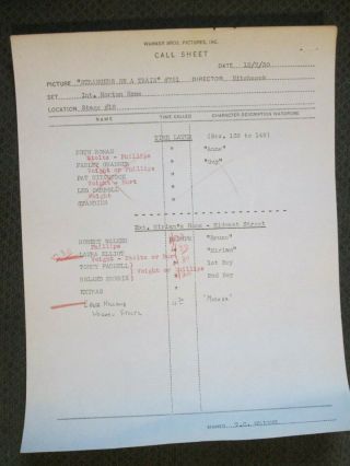Strangers On A Train - Call Sheet 1950 - Granger - Alfred Hitchcock