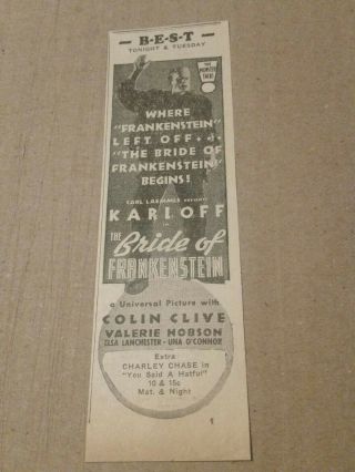 1935 The Bride Of Frankenstein Movie Newspaper Ad