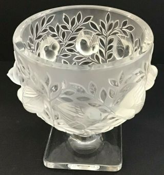 Lalique Crystal Compote Pedestal Dish Bowl With Birds And Leaves