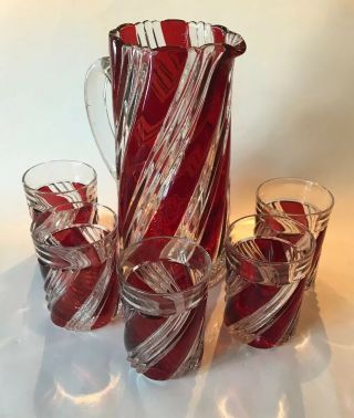 Antique Duncan & Miller Ruby Two Ply Panel Pitcher And 5 Glasses - 1902