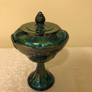 Blue Carnival Glass Harvest Grape Pedestal Candy Dish Wedding Bowl With Lid