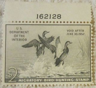 1952 $2 Us Federal Duck Stamp,  Migratory Bird Hunting & Conservation,  Signed