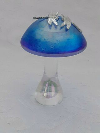 Heron Glass Blue Mushroom With Two Pewter Dragonflies - 10.  5 Cm High - Gift Box