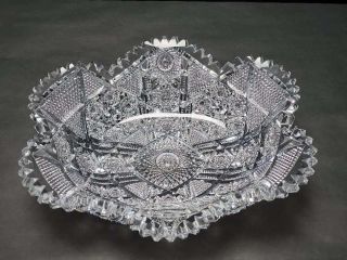 Antique American Brilliant Period Abp Cut Glass Oval Bowl,  11 "