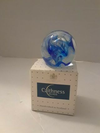 Caithness Scotland Moon Crystal Blue White Swirl Art Glass Paperweight Signed