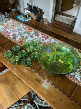Vintage Indiana Glass Iridescent Lime Green Carnival Punch Bowl Set With 10 Cups